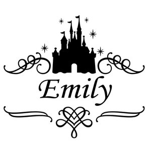 May include: Black and white silhouette of a castle with stars and a decorative scroll design. The name "Emily" is written in a cursive font below the castle.