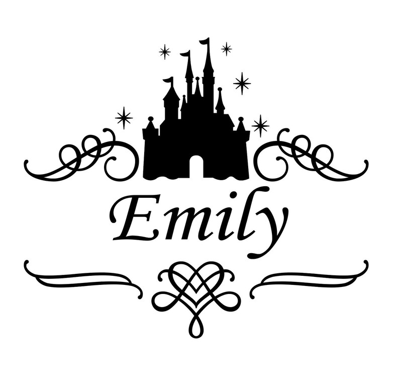 May include: Black and white silhouette of a castle with stars and a decorative scroll design. The name "Emily" is written in a cursive font below the castle.