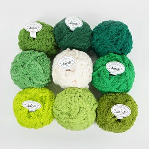 Puede incluir: Nueve ovillos de lana de la marca Jandi en varios tonos de verde y uno blanco roto. La lana tiene un aspecto esponjoso y texturizado. Cada ovillo tiene una etiqueta con el nombre de la marca. Ideal para tejer y hacer ganchillo.