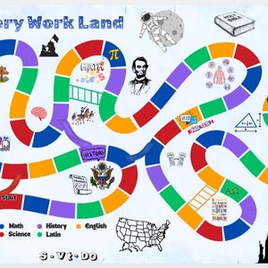 May include: A colorful educational board game titled Cycle 8 Memory Work Land featuring a winding path of multi-colored squares. The board includes illustrations of an astronaut, Abraham Lincoln, a ship, a map of the USA, and various academic symbols.