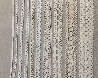 10 x 1 Meter Pieces Cream Cotton Lace Trim. Assorted Designs Top Quality