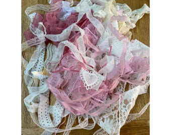 Romantic Blush  Pink  Cream / Ivory  assorted Lace Ribbon & Pearls Bundle .  Over 20 Meters Beautiful