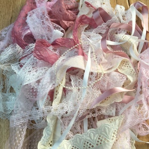 Romantic Blush  Pink  Cream / Ivory  assorted Lace Ribbon & Pearls Bundle .  Over 20 Meters Beautiful