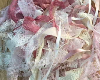 Romantic Blush  Pink  Cream / Ivory  assorted Lace Ribbon & Pearls Bundle .  Over 20 Meters Beautiful