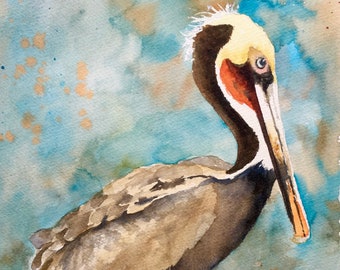 Pelican, Print of an original watercolor (free shipping on print orders totaling 36 dollars and up)