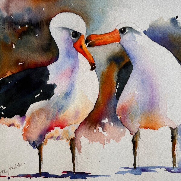 Albatross Pair, Beach birds, PRINT of an original watercolor, How About A Kiss? Perfect Valentine Gift!