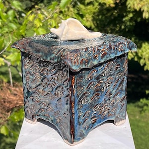 Lidded ceramic box with seashell lid; treasure box; ceramic gift box; Hand built lidded box,