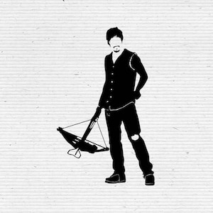 May include: Black and white silhouette of a person holding a crossbow. The person is wearing a long-sleeved shirt and jeans.