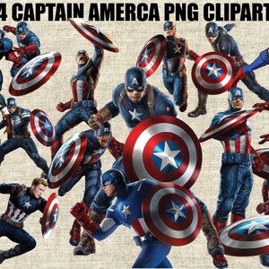 May include: A collection of 44 digital clipart images featuring Captain America, a superhero from Marvel Comics. The images include various poses of Captain America, including him holding his shield, standing with his arms crossed, and flying through the air. The images are in a cartoon style and are perfect for use in digital projects.