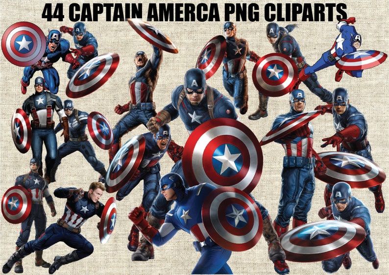 May include: A collection of 44 digital clipart images featuring Captain America, a superhero from Marvel Comics. The images include various poses of Captain America, including him holding his shield, standing with his arms crossed, and flying through the air. The images are in a cartoon style and are perfect for use in digital projects.
