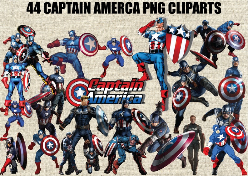 May include: A collection of 44 digital clipart images featuring Captain America in various poses. The images are in PNG format and feature Captain America's iconic red, white, and blue costume, shield, and star.