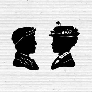 Mary Poppins en Bert Silhouette knippen SVG-bestanden, afdrukbaar, T-shirtontwerp, Clipart Scrapbooking