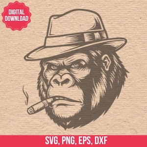 Imágenes digitales del Padrino de la Mafia Gorila en formato EPS, PNG y SVG para Silhouette Studio y Cricut. Descarga instantánea.