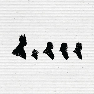 May include: Silhouettes of five characters from the Guardians of the Galaxy movie franchise. The characters are arranged in a row from left to right: Groot, Rocket Raccoon, Drax, Gamora, and Star-Lord.