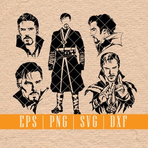 May include: Black and white silhouette of Doctor Strange in four different poses. The first pose shows Doctor Strange's face, the second pose shows Doctor Strange in a full-length standing pose, the third pose shows Doctor Strange's face, and the fourth pose shows Doctor Strange in a full-length standing pose with his hands raised.