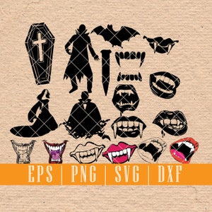 May include: A set of black and white Halloween-themed SVG cut files. The set includes a vampire, a coffin, a bat, a fang, and a variety of vampire mouths. The text "EPS | PNG | SVG | DXF" is at the bottom of the image.