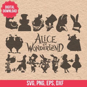 Alicja w Krainie Czarów Sylwetka Cyfrowy Wektor i Pliki Cięcia w EPS SVG DXF dla Silhouette Studio i Cricut Natychmiastowe Pobieranie