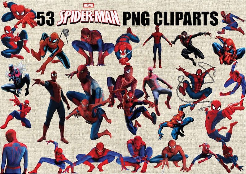 May include: 53 digital clipart images of Spider-Man in various poses. The images are in a cartoon style and feature Spider-Man in his red and blue suit.