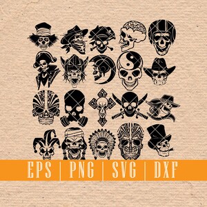 May include: A set of 20 black and white skull illustrations. The skulls are in various styles, including pirate, biker, and tribal. The illustrations are perfect for use in digital projects or for printing.