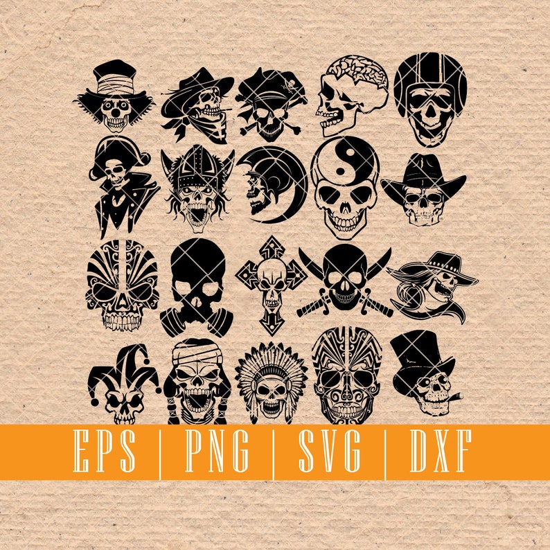 May include: A set of 20 black and white skull illustrations. The skulls are in various styles, including pirate, biker, and tribal. The illustrations are perfect for use in digital projects or for printing.