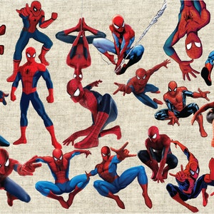 May include: A collage of 17 different images of Spiderman in various poses. The images are on a beige background.