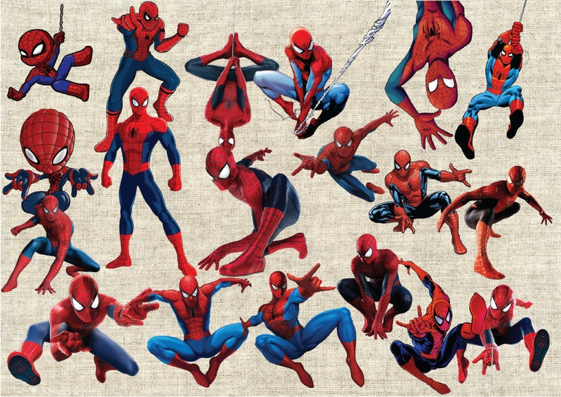 May include: A collage of 17 different images of Spiderman in various poses. The images are on a beige background.