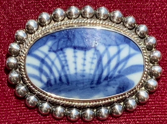 Sterling Silver Artisan Brooch with Blue & White … - image 1