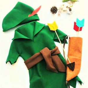 Peter Pan costume | baby or kid elf hat green felt with Red Feather quiver and arrows with soft tip shoes | Robin Hood Archer Medieval Times