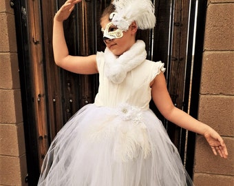 Swan costume with mask long tulle tutu genuine ostrich feathers soft neck wrap with adorable white pom poms