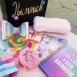 Tween girl gifts box Personalized notebook, fuzzy pencil case, pom pom, Giant swirl lollipop, jewelry making kit, stickers journal set image 2