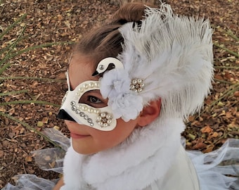 Swan mask masquerade GORGEOUS for ADULT or KID costume handmade with genuine ostrich feathers, rhinestones, pearls, and flowers black white