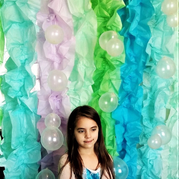 Under the Sea backdrop extra long ruffle kelp strips with bubbles for Mermaid birthday or Under the sea party decorations