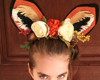 Fox headband with flowers and felt fox ears for Halloween costume or woodland animals party