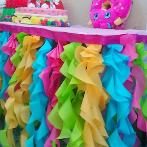 Ruffle table skirt hot pink lime green turquoise blue pineapple yellow theme ideas- Shopkins, fiesta, llama party, luau, Encanto birthday