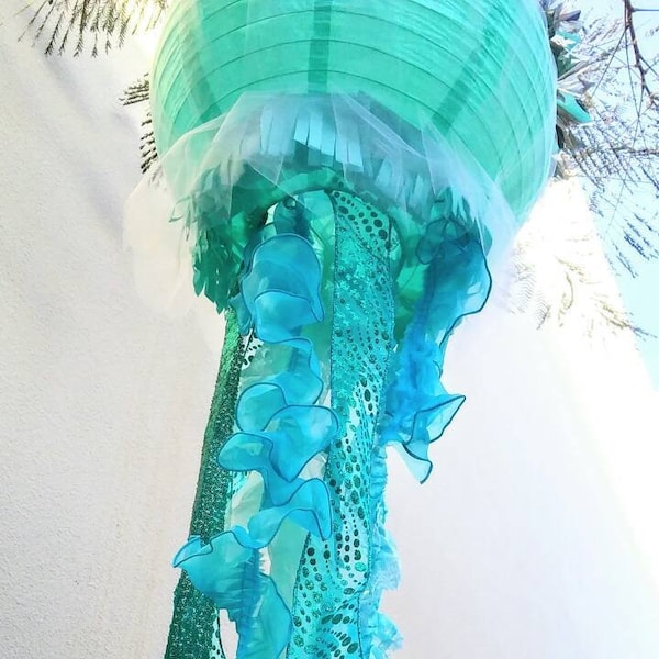 Giant Jellyfish lantern 16" LARGE Under the Sea Party Decoration aqua, purple, or pink QUALITY fabric tentacles  tulle Led light option XL