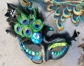 Peacock mask for peacock costume with genuine feathers and rhinestones for Halloween or masquerade adult or kids