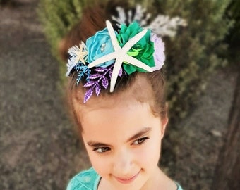 Mermaid Headband or Hairclip for Girls mermaid costume Mermaid hairbow with fabric flower and starfish