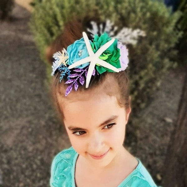 Mermaid Headband or Hairclip for Girls mermaid costume Mermaid hairbow with fabric flower and starfish