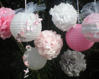 Beautiful butterfly lantern and pom pom set with hand painted butterflies pink gray white