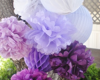 Purple ombre tissue pom poms, honeycomb balls, and lantern bunch for photo backdrop or hanging decor