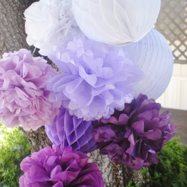 Purple ombre tissue pom poms, honeycomb balls, and lantern bunch for photo backdrop or hanging decor