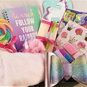 Tween girl gifts box Personalized notebook, fuzzy pencil case, pom pom, Giant swirl lollipop, jewelry making kit, stickers journal set image 6