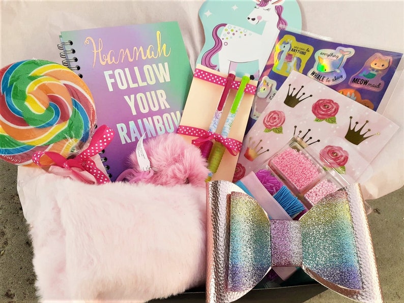 Tween girl gifts box Personalized notebook, fuzzy pencil case, pom pom, Giant swirl lollipop, jewelry making kit, stickers journal set image 6