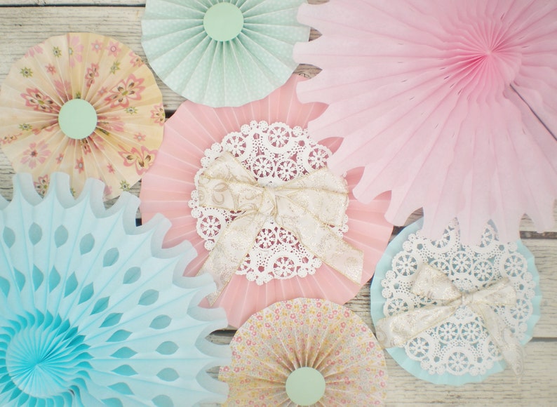 etc prints vary wall hanging Shabby chic paper fans with doilies and bows for photo backdrop table backdrop