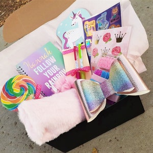 Tween girl gifts box Personalized notebook, fuzzy pencil case, pom pom, Giant swirl lollipop, jewelry making kit, stickers journal set image 7