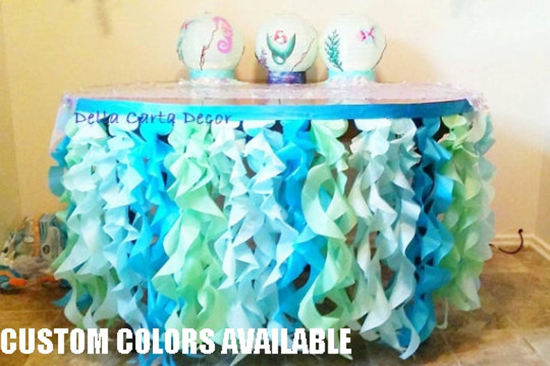 Under the Sea table skirt or photo backdrop tissue tentacles satin ribbon for ocean party or photo shoot Aqua mint turquoise ruffle skirt image 2