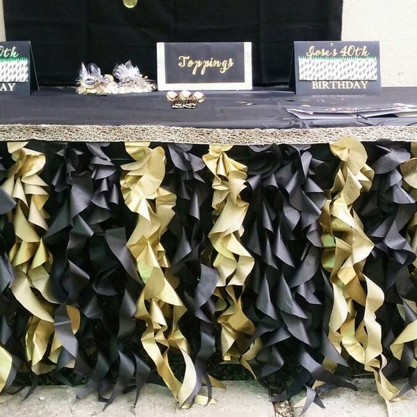 Black gold table skirt ruffle gold glitter ribbon tissue Ruffles