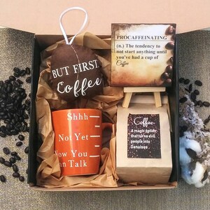 Coffee lovers gift set boxed Funny mug, Quality coffee, Desk print canvas & stand, Coffee Bean, Boss Gift, unisex gift for him for co-worker image 2