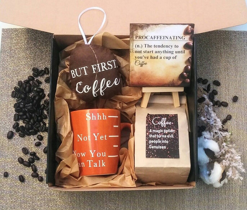 Coffee lovers gift set boxed Funny mug, Quality coffee, Desk print canvas & stand, Coffee Bean, Boss Gift, unisex gift for him for co-worker image 2