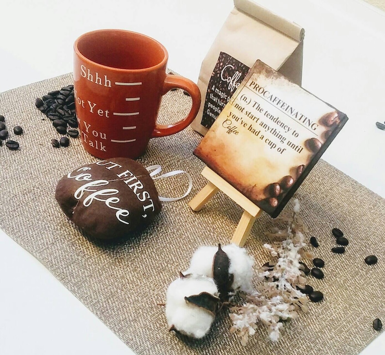 Coffee lovers gift set boxed Funny mug, Quality coffee, Desk print canvas & stand, Coffee Bean, Boss Gift, unisex gift for him for co-worker image 7